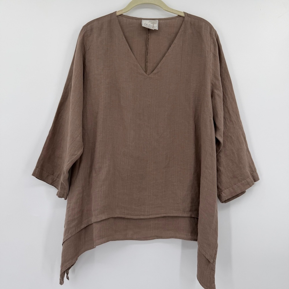Brown 100% Linen Vintage La Fixsun V-Neck Sharkbite Hem Tunic Top Womens Medium